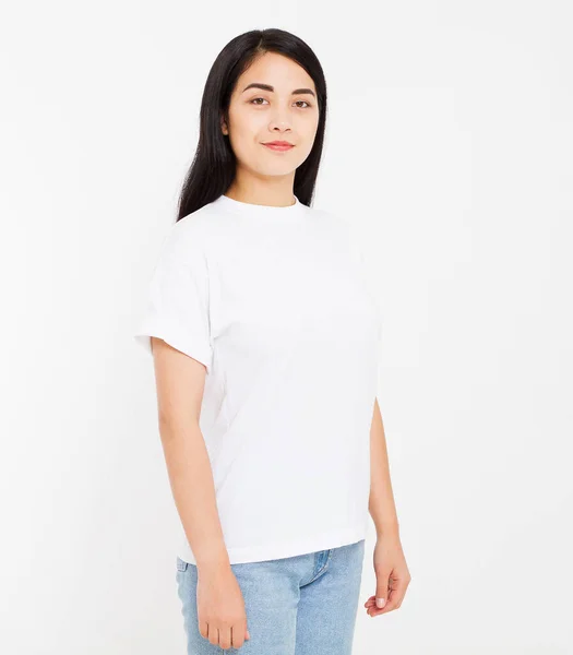 Jonge Koreaanse Aziatische Brunette Vrouw Blanco Wit Shirt Shirt Ontwerp — Stockfoto