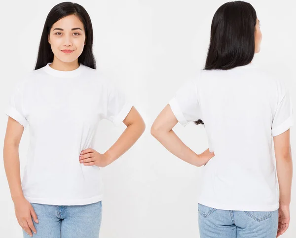 Beyaz Arka Planda Zarif Tişörtlü Koreli Seksi Bir Kadının Arka — Stok fotoğraf