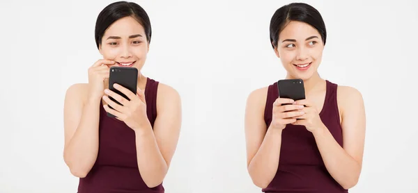 Asiatisk Koreansk Flicka Håller Smartphone Collage Isolerad Vit Bakgrund Kopiera — Stockfoto