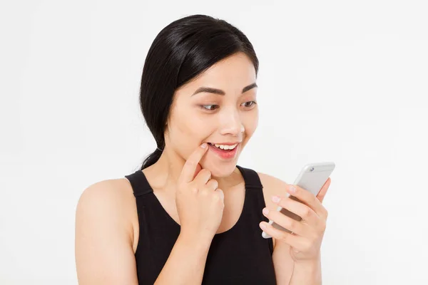 Usmívající Žena Drží Mobil Closeup Mladý Šťastný Krásný Asijské Japonská — Stock fotografie