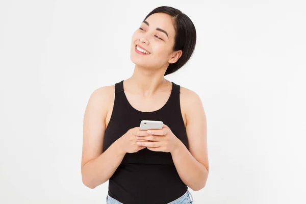 Sonhando Sorrindo Mulher Segurar Celular Closeup Jovem Feliz Bonita Asiática — Fotografia de Stock