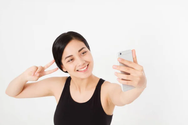 Ung Student Asiatisk Japansk Flicka Gör Selfie Sin Mobiltelefon Isolerad — Stockfoto