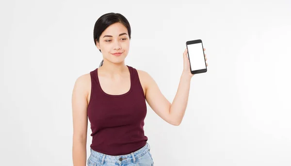 Asiatisk Japansk Kvinna Hålla Svart Smartphone Eller Mobiltelefon Isolerad Vit — Stockfoto
