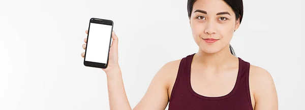 Retrato Atraente Asiático Mulher Coreana Menina Segurar Celular Tela Branco — Fotografia de Stock