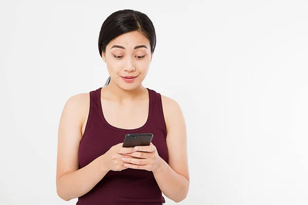 Coreano Asiático Mulher Boa Notícia Celular Menina Segurar Preto Smartphone — Fotografia de Stock