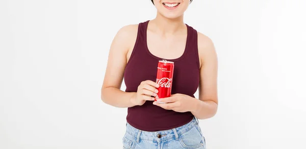 Kiev Ukraine 2018 Happy Woman Holding Ice Glass Coca Cola — Stock fotografie