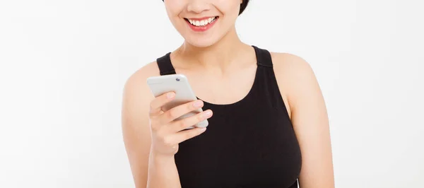 Mulher Sorridente Segurar Celular Closeup Jovem Feliz Bonita Asiática Mulher — Fotografia de Stock