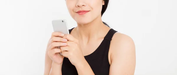 Frau Schreibt Sms Nahaufnahme Junge Glücklich Schön Asiatisch Japanisch Frau — Stockfoto