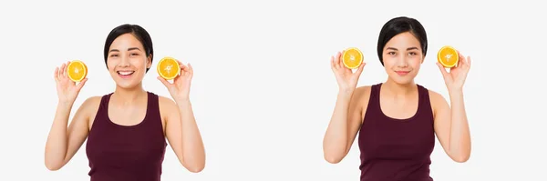 Коллаж Улыбающийся Азиатский Японец Женщина Держит Апельсины Изолированы Белом Фоне — стоковое фото