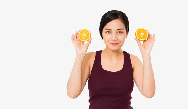 Краса Азіатська Японська Жінка Тримає Апельсини Красива Радісна Дівчина Підліток — стокове фото