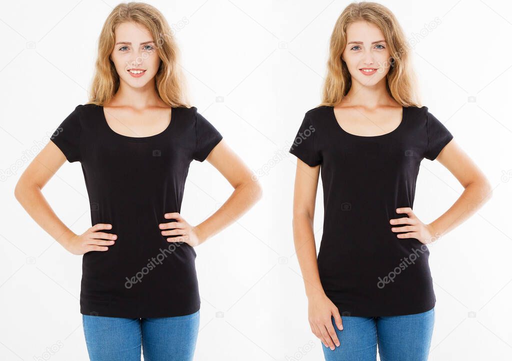 tshirt set, collage woman in t-shirt isolated on white, black shirt,copy space