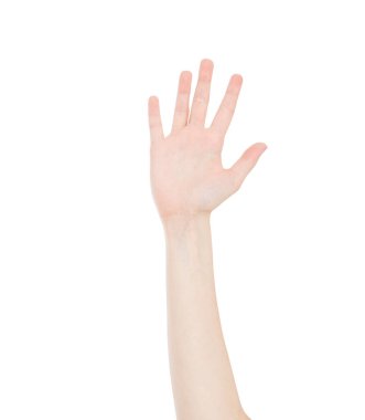 Koreli, Asyalı bir el beyaz arka planda izole edilmiş.