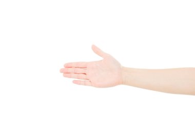 Beyaz arkaplanda izole edilmiş erkek elini selamla, boşluğu kopyala