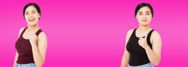 set, kolaj seksi mutlu Asyalı kadın mor arka plan başarı kavramı izole