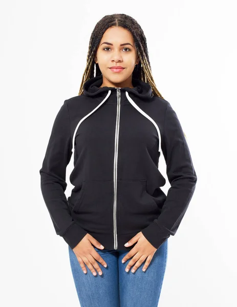 Voorzijde Zwart Sweatshirt Uitzicht Afro Vrouw Tonen Sjabloon Kleding Voor — Stockfoto