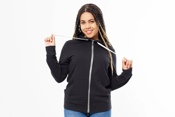 Happy Afro American Girl Black Sweatshirt Witte Achtergrond Geïsoleerd Zwarte — Stockfoto