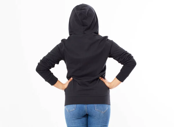 Terug Uitzicht Vrouw Een Hoodie Haar Hoofd Geïsoleerd Witte Achtergrond — Stockfoto