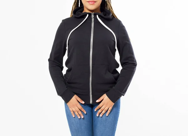 Voorzijde Zwart Sweatshirt Uitzicht Afro Vrouw Tonen Sjabloon Kleding Voor — Stockfoto