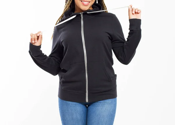 Happy Afro American Girl Black Sweatshirt Witte Achtergrond Geïsoleerd Zwarte — Stockfoto