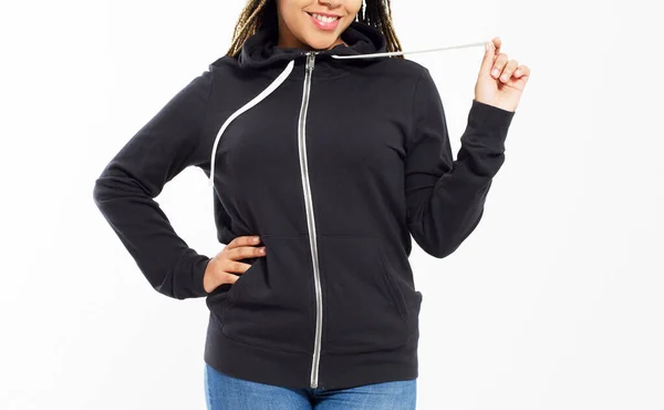 Happy Afro American Girl Black Sweatshirt Witte Achtergrond Geïsoleerd Zwarte — Stockfoto