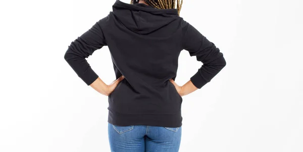 Mooi Afro Amerikaans Meisje Zwart Sweatshirt Witte Achtergrond Geïsoleerd Zwarte — Stockfoto