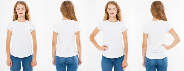 白い背景に隔離された白い女性のTシャツ白いTシャツのバックとフロントビューの女の子 — ストック写真