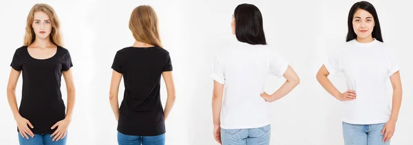 两名妇女 穿着空白T恤的女孩被隔离 穿着T恤 帽衫和白色T恤的高加索和亚洲女子拼凑在一起 — 图库照片