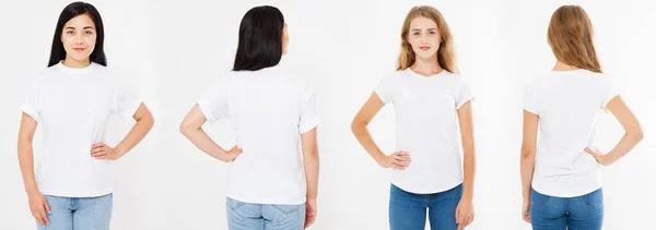 Elülső Hátsó Kilátás Két Lányok Üres Póló Elszigetelt Fehér Háttér — Stock Fotó