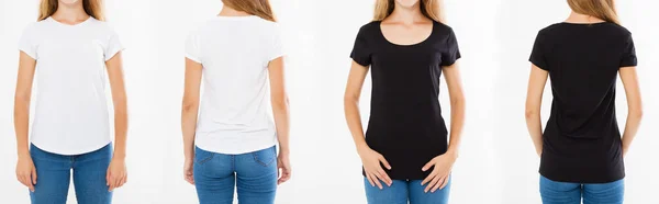 Chica Mujer Blanco Negro Camiseta Isilated Sobre Fondo Blanco Plantilla —  Fotos de Stock