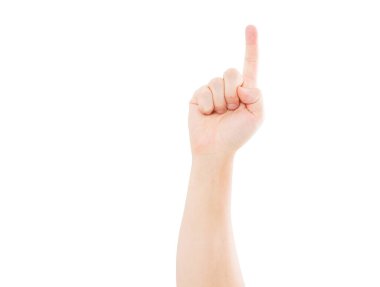 El gösterimi beyaz arkaplanda izole edilmiş, kopyalama alanı, görünmez bir şeye işaret edilmiş