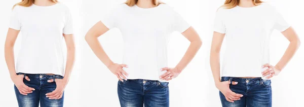 Shirt Set Κολάζ Τρεις Γυναίκες Tshirt Απομονώνονται Λευκό Φόντο Κορίτσι — Φωτογραφία Αρχείου