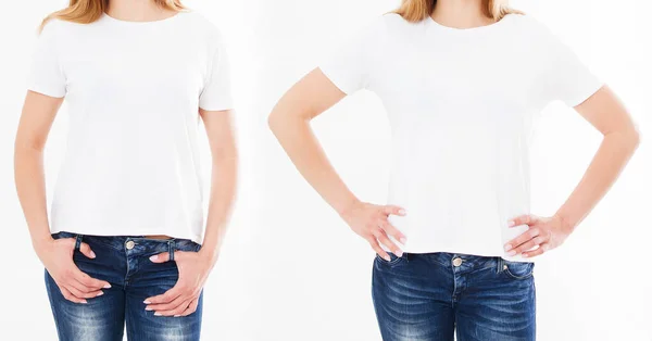 woman white t-shirt,set two girl,mock up,copy space