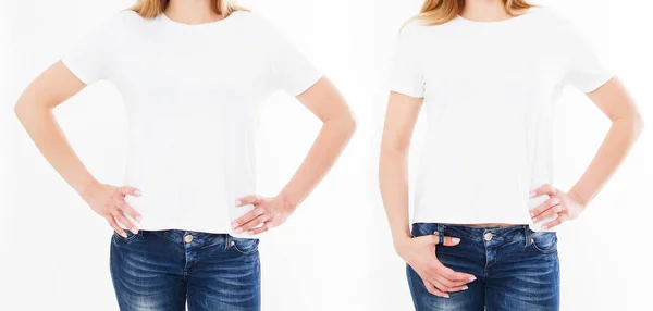 Conjunto Vistas Frontales Mujer Camiseta Aislada Sobre Fondo Blanco — Foto de Stock