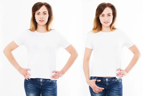 Impostare Donne Shirt Isolata Sfondo Bianco Posteriore Anteriore Vista Ragazze — Foto Stock