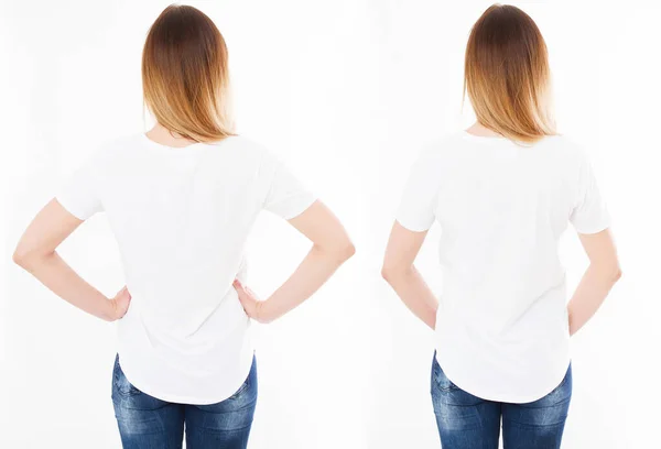 Impostare Indietro Visualizzazioni Due Donne Shirt Isolato Sfondo Bianco Collage — Foto Stock