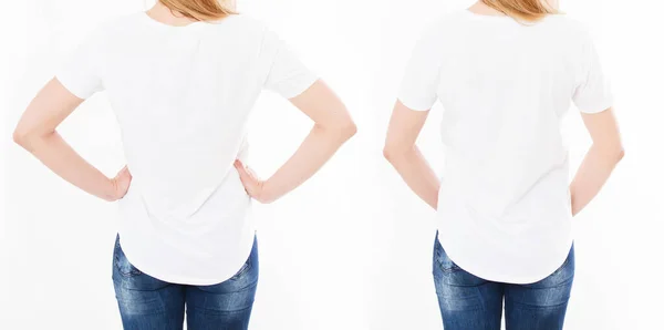 Set Back Views Two Women Shirt Isolated White Background Collage — Stock Photo, Image