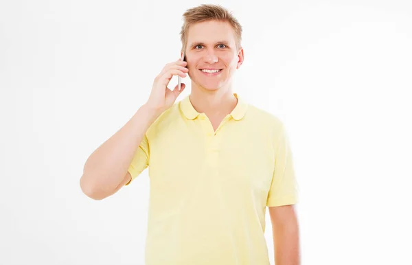 Chico Feliz Camiseta Amarilla Sobre Fondo Blanco —  Fotos de Stock