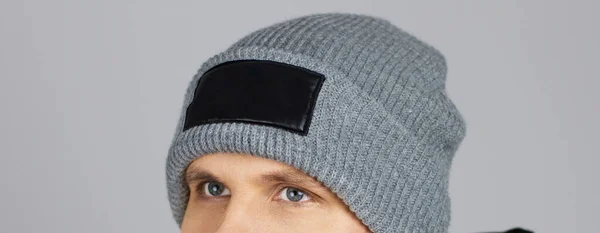 Young Man Blank Grey Winter Hat Isolated Mock Copy Space — Stock Photo, Image