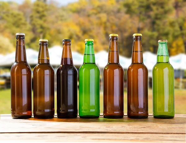 different colored bottles on the blurred background of the park