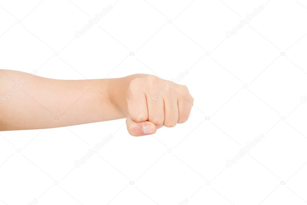 Hand gesture. Woman clenched fist, ready to punch, isolated on white, close-up, copy space, activity concept,feminism