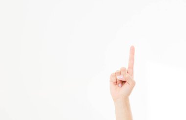 Parmak izi izole edilmiş beyaz arka plan. Kadın eli. Model yap. Uzayı kopyala Şablon. Boşluk.