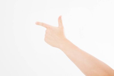 Yakından erkek eli işaret ediyor. Beyaz arka planda izole edilmiş. Kafkas eli. Model yap. Uzayı kopyala Şablon. Boşluk.