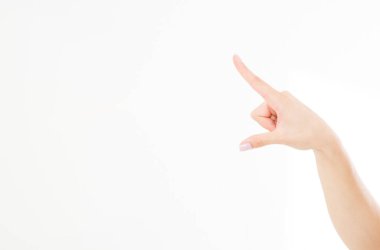 Parmak izi izole edilmiş beyaz arka plan. Kafkas eli. Model yap. Uzayı kopyala Şablon. Boşluk.