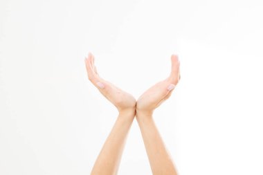 female hands measuring invisible items, woman's palm making gesture while showing small amount of something on white isolated background, side view, close-up, cutout, copy space