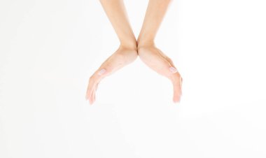 female hands measuring invisible items, woman's palm making gesture while showing small amount of something on white isolated background, side view, close-up, cutout, copy space