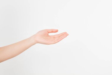 El açık, avuç içi yukarıda, beyaz arka planda. Ön manzara. Model yap. Uzayı kopyala Şablon. Boşluk.