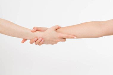 Two hands isolated. Helping hand to a friend. Copy space. Rescue or helping gesture of arms.
