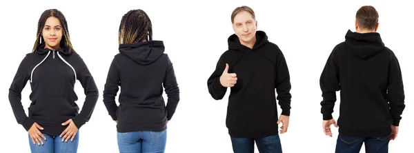 Man Vrouw Zwart Hoodie Mock Set Geïsoleerd Witte Achtergrond Zwart — Stockfoto