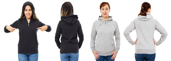 Κορίτσι Κομψό Μαύρο Hoodie Απομονώνονται Λευκό Φόντο Κορίτσι Γκρι Κουκούλα — Φωτογραφία Αρχείου