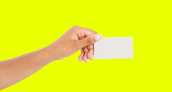 Afro American Hand Showing Paper Card Isolated Yellow Background Arm — Stock Photo, Image
